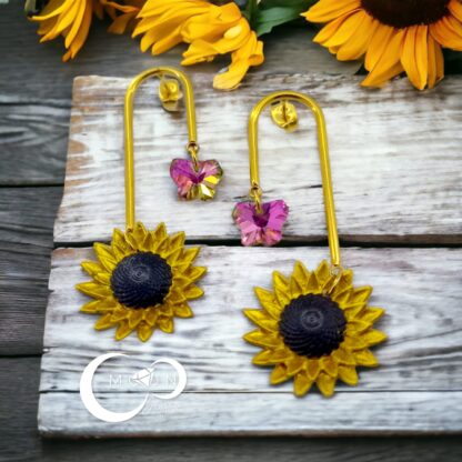 Aretes Largos Girasoles con Mariposas - Imagen 2