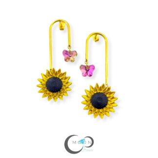 Aretes Largos Girasoles con Mariposas